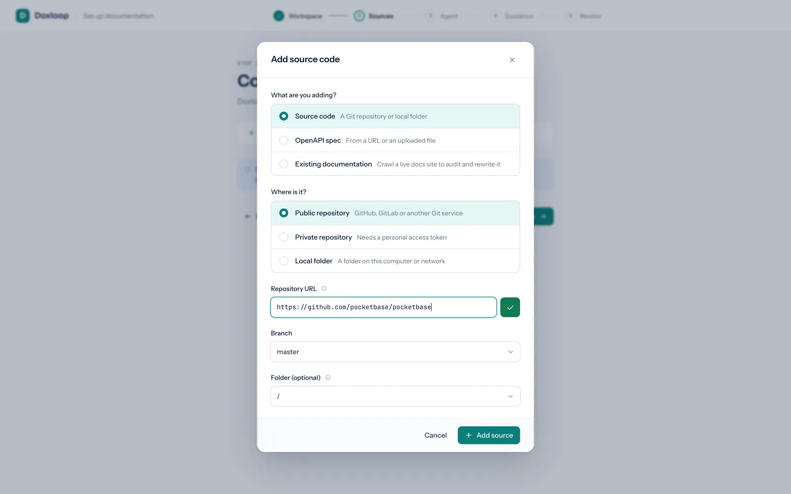 The Add source code dialog with a GitHub repository connected