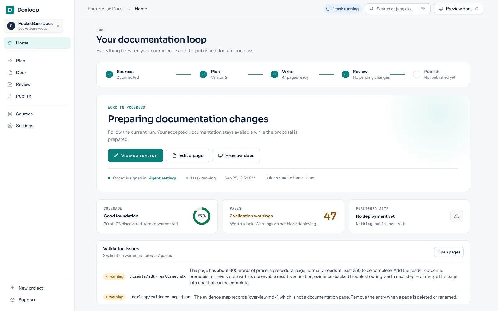The Doxloop home page showing the documentation loop from sources to publish