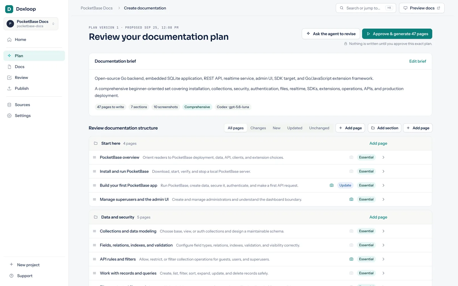 Review your documentation plan, with the brief and the proposed page structure