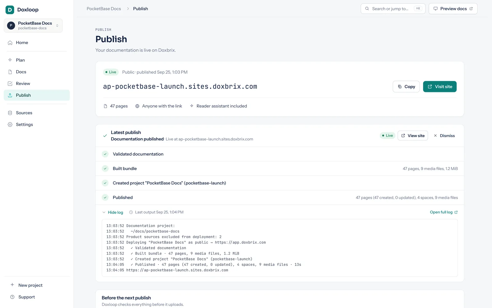 Publish page showing the live Doxbrix address and a completed deployment