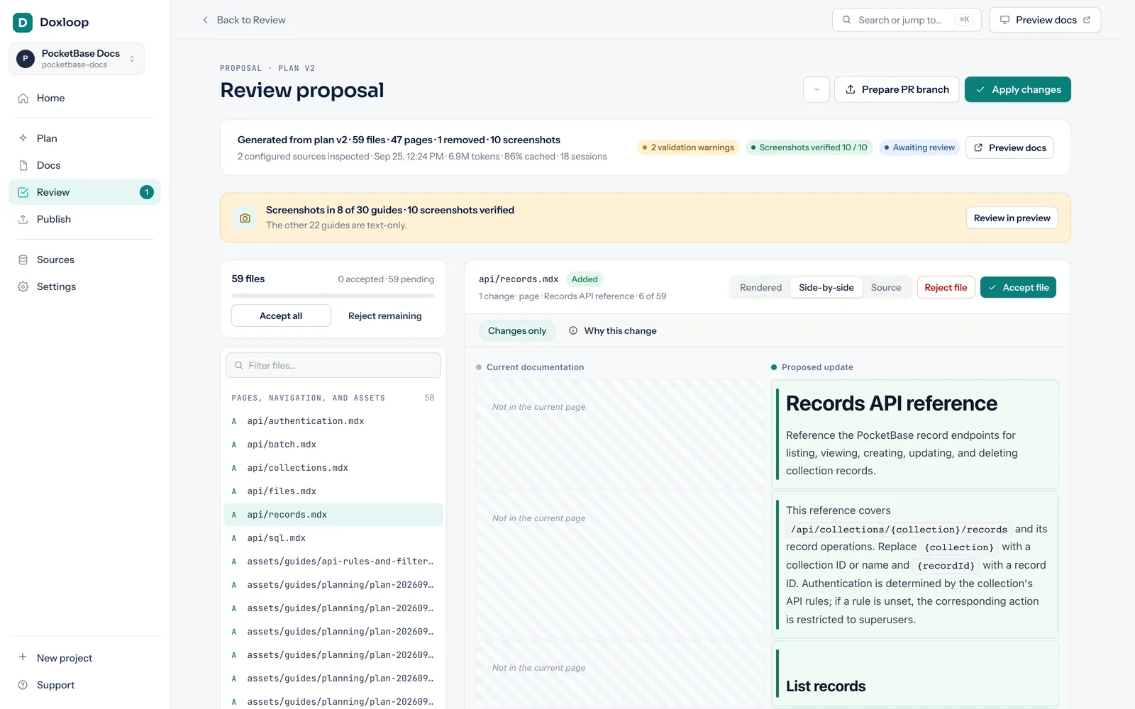 Review proposal with changed files, a rendered diff and accept buttons